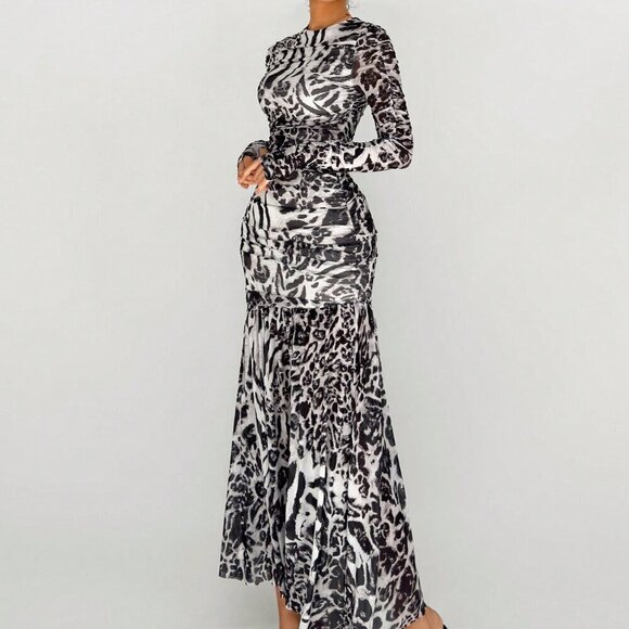 Grey Elegant Women's Mesh Leopard And Zebra Print Asymmetrical Hem Long Dress - Picture 4 of 5